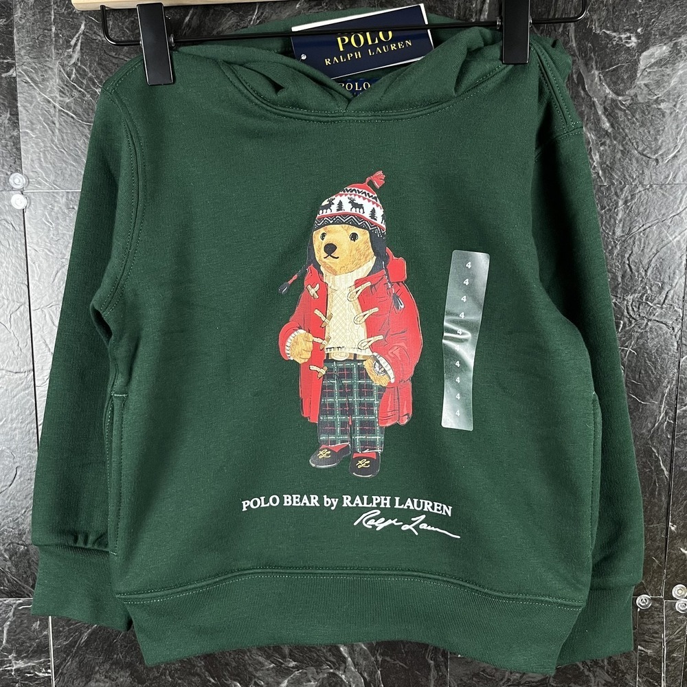 Polo Ralph Lauren Boy's Green Winter Polo Bear Fleece Hoodie 4T Years -New